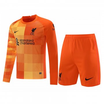 Liverpool 2021-22 Goalkeeper Orange Long Sleeve Soccer Jerseys + Short Men's