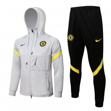 Chelsea 2021-22 Hoodie Light Grey Soccer Training Suit Jacket + Pants Men's