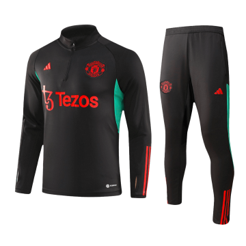 Manchester United 2023-24 Zipper Black Soccer Sweatshirt + Pants Kid's