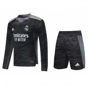 2021-22 Real Madrid Goalkeeper Black LS Football Jersey Shirts + Shorts Set Men's [20210705020]
