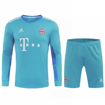 2020-21 Bayern Munich Goalkeeper Blue Long Sleeve Men Football Jersey Shirts + Shorts Set