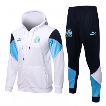 Olympique Marseille 2021-22 Hoodie White Soccer Training Suit Jacket + Pants Men's