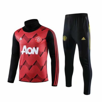 2019-20 Manchester United High Neck Red Stripe Men's Football Training Suit(Sweatshirt + Pants)