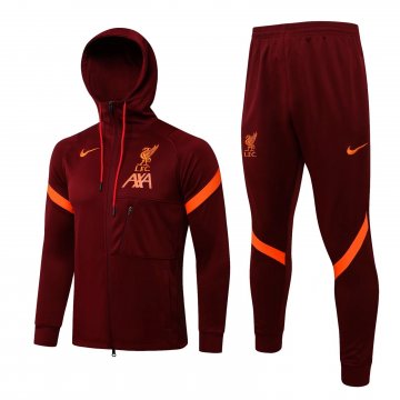 Liverpool 2021-22 Hoodie Maroon Soccer Training Suit Jacket + Pants Men's