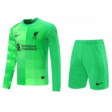 2021-22 Liverpool Goalkeeper Green LS Football Jersey Shirts + Shorts Set Men's